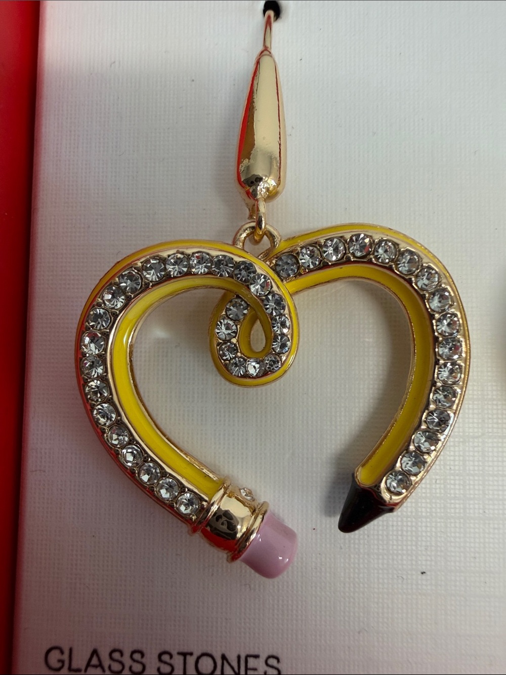 Piper K | Whimsical Yellow Heart Pencil Drop Rhinestone Earrings - Picture 4 of 7